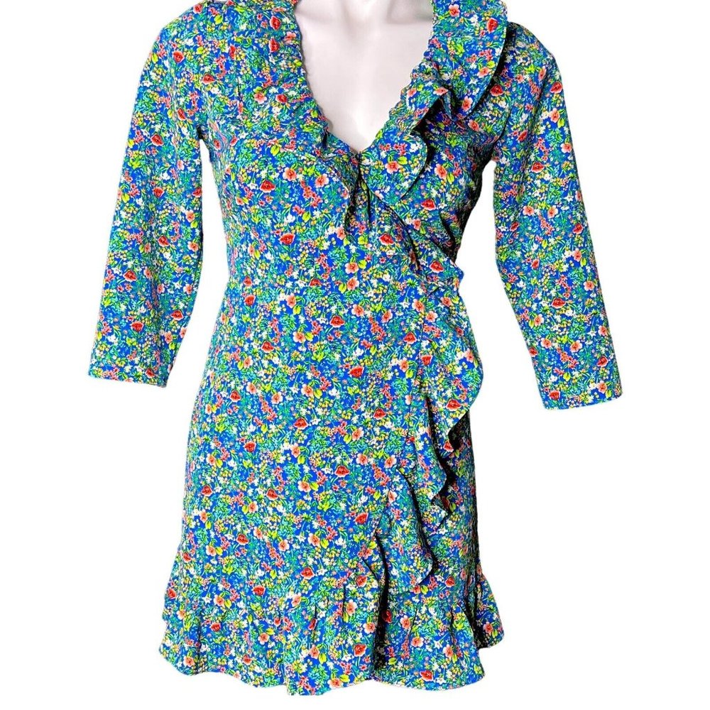 Top Shop Wrap Blouse Blue Green Floral  Top Ruffles Ties V Neck Size 2